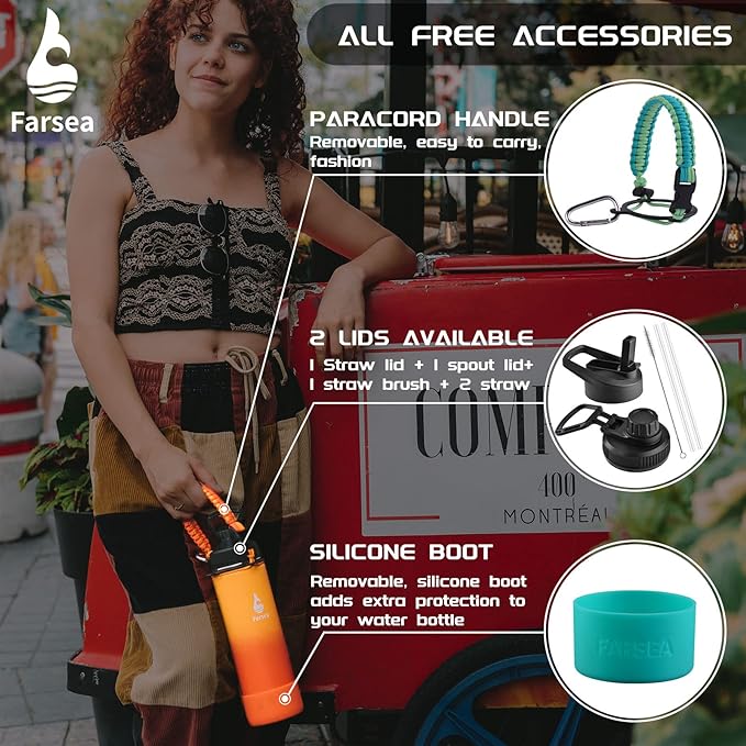 Farsea Insulated Water Bottle With Paracord Handle, Protective Silicone Boot and 2 Lids (Straw Lid & Spout Lid), Stainless Steel Water Bottle Wide Mouth, Double Wall Sweat-Proof BPA-Free, 18 oz