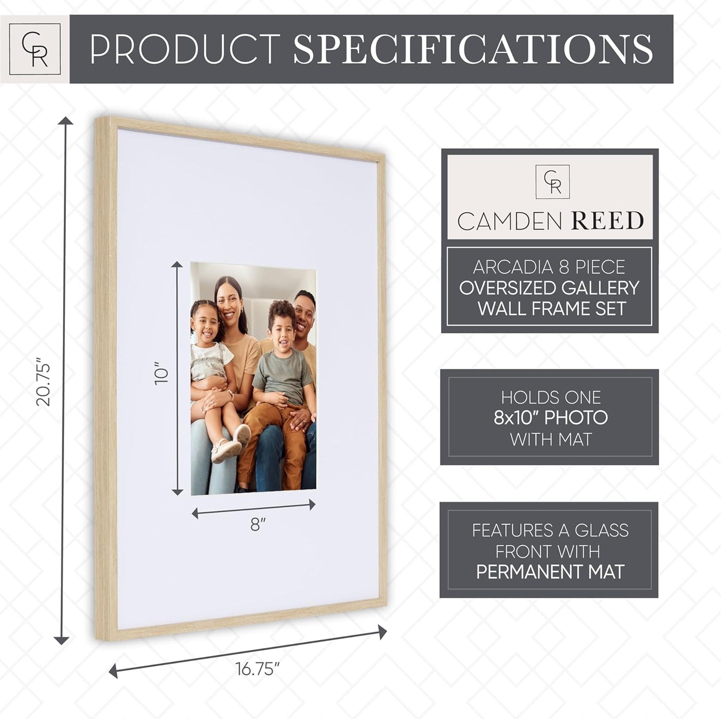 Camden Reed Arcadia 8 Piece Oversized Gallery Wall Frame, 16x20 and 16x16 Inch Matted Frames for Featuring 8x10 and 5x7 Inch Photographs or Art Prints, Natural Finish