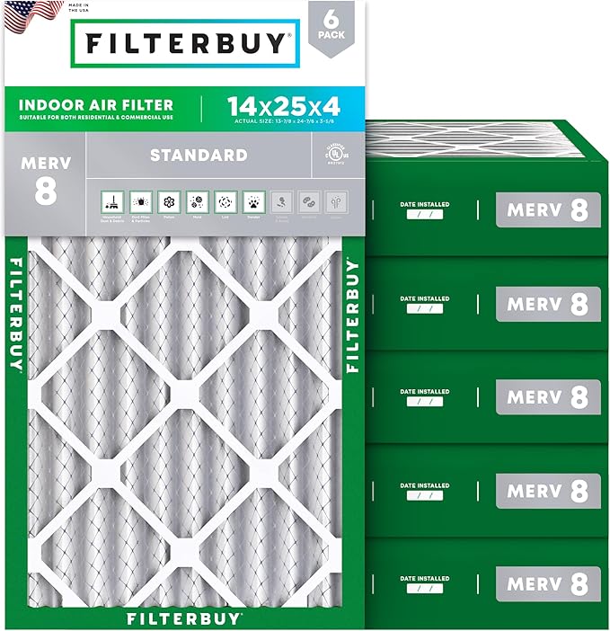 Filterbuy 14x25x4 Air Filter MERV 8 Dust Defense (6-Pack), Pleated HVAC AC Furnace Air Filters Replacement (Actual Size: 13.88 x 24.88 x 3.63 Inches)
