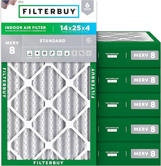 Filterbuy 14x25x4 Air Filter MERV 8 Dust Defense (6-Pack), Pleated HVAC AC Furnace Air Filters Replacement (Actual Size: 13.88 x 24.88 x 3.63 Inches)