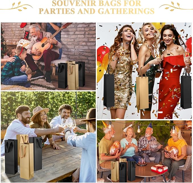 Fumete 50 Pack Wine Bottle Gift Bags Paper Wine Gift Bags Bulk 13.8x3.7x3.5 Wine Bags with Handles Appreciation Gifting Bags for Christmas Wedding Anniversary Birthday Party(Black, Gold)