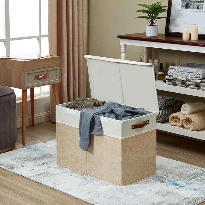 Large Toy Storage Box with Lids, Collapsible Sturdy Baby Storage Organizer Chest Bin Basket for Kids, Boys, Girls, Playroom, Nursery, Bedroom, Closet 25"x13"x16" (Beige and White)