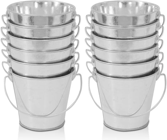 Small Metal Buckets with Handle 12 Pcs – Galvanized Bucket Leak Proof & Rust Resistant 8 fl oz Capacity - Best for Party Décor, Organizing & Decorating Classrooms (Mini 3.3" Top, Silver)