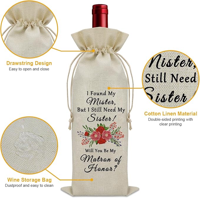 Matron of Honor Proposal Gifts Wine Bag Gifts for Bridal Party from Bride on Wedding Day Thank You Gifts Wine Bottle Decoration Bag Bridal Shower Gifts Ideas Wine Accessories Gifts for Wine Lovers