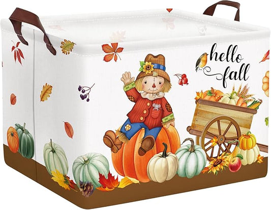 Clastyle Rectangular Scarecrow Cart Fall Basket Farm Harvest Turkey Thanksgiving Storage Bin Maple Leaf Pumpkin Large Gift Basket Autumn Clothes Toy Book Shelf Basket