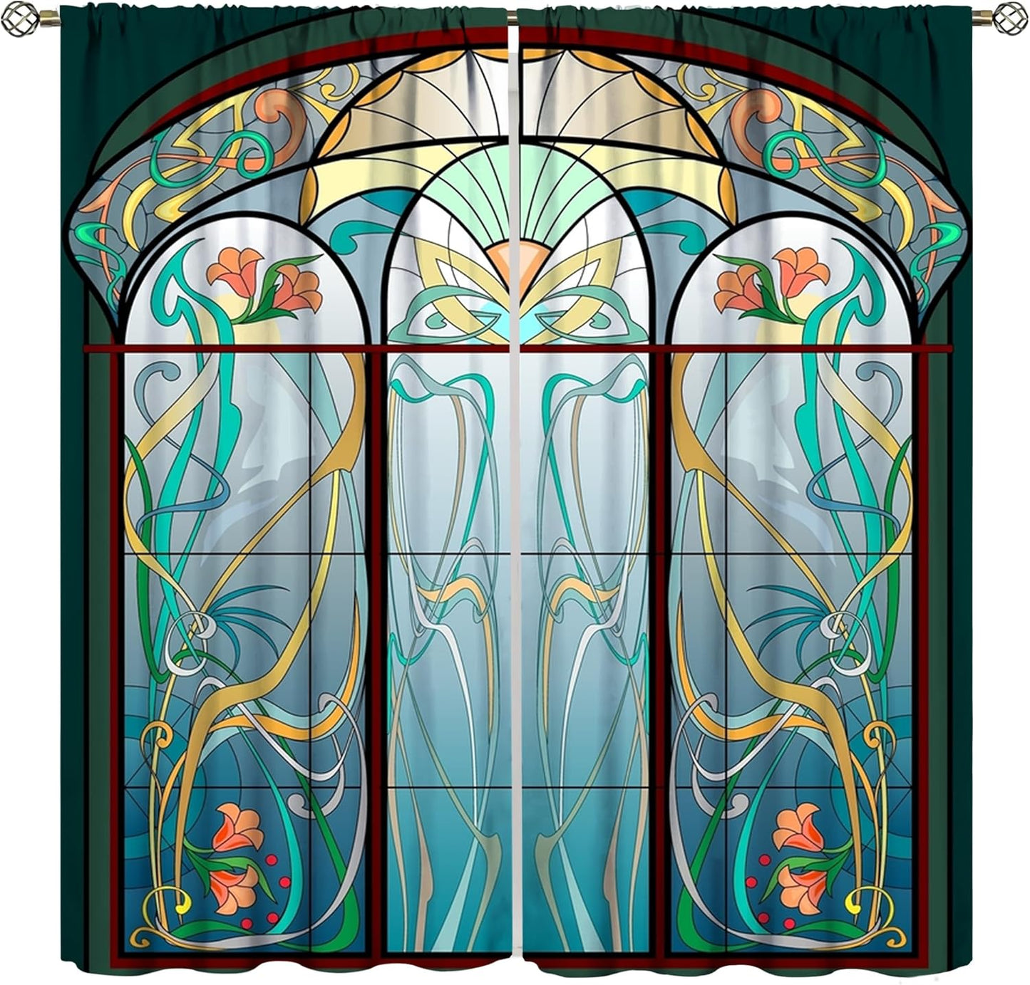 Stained Glass Curtains, Retro Mid Century Boho Abstract Art Home Decor Drapes for Bedroom Living Room Kitchen Window Treatment 2 Panels Set Total Size 42" W X 45" L Inch
