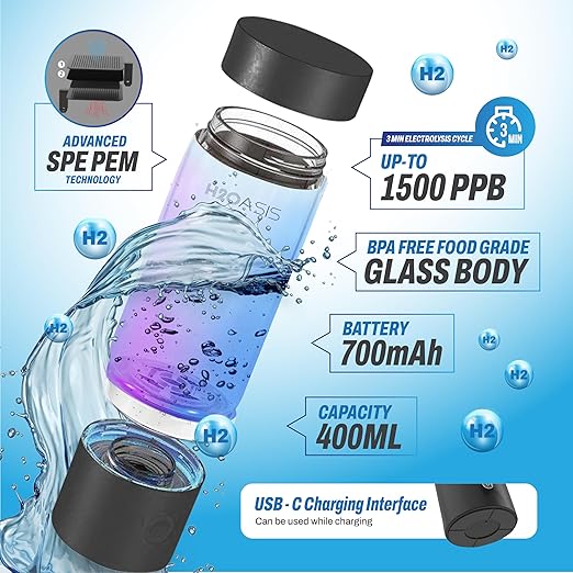 Premium Hydrogen Water Bottle, SPE PEM with Exhaust Vent, 4000 PPB H2 Concentration