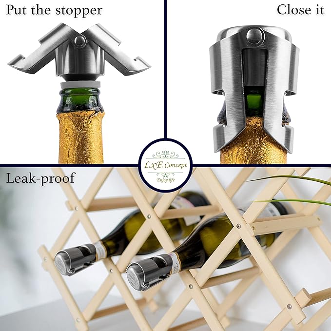 Champagne Stoppers for Sparkling Bottle Sealing - Saver Accessories Toppers for Wine Napa Moet Bottega - Cone-shaped wine stoppers and Dual-sided Stainless Steel Cover Bottles Set (Silver Gray, 2 & 2)