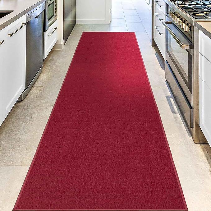 Machine Washable Modern Solid Design Non-Slip Rubberback 2x12 Traditional Runner Rug for Hallway, Kitchen, Bedroom, Living Room, 1'10" x 12', Red