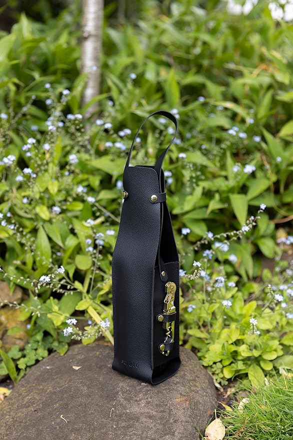 NEW Salute Wine Bottle Carrier with Corkscrew | Vegan Leather Tote Gift Bag Corporate Gift idea Picnic Travel Tastings Wine Gift Beach Party BYOB Restaurant Valentines Day (Black)
