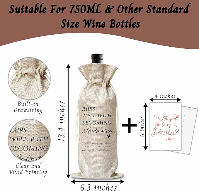 Xanev Godmother Wine Gift Bag For Women, Godmother Proposal Gifts, Pairs Well With Becoming Godmother Wine Bag, Baptism Gifts For Godmother From Godchild, Birthday Wine Party Favors Decor, B04