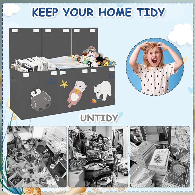 Large Toy Box Storage Chest,Sturdy Toys Storage Organizer Bin Basket with Dividers and Lids for Toddlers,Boys,Girls,Nursery,Closet,Living Room Area,Playroom(Grey Animals)