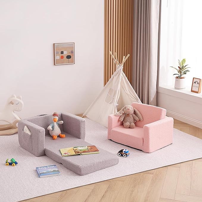 Tiita Kids Sofa, 2-in-1 Kids Sofa Chair, Convertible Children Couch to Lounger, Flip Out Kids Sofa Chair, Toddler Armrest Chair Bed, Folding Kids Play Sofa for Girl or Boy (Grey)