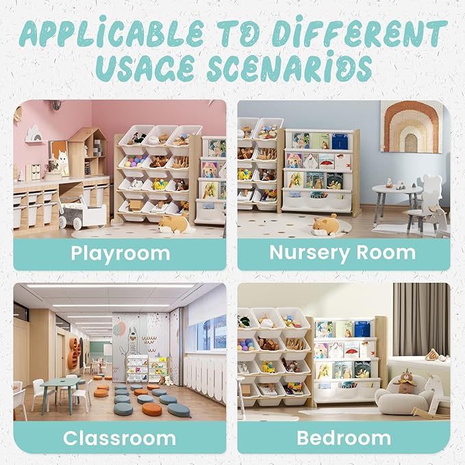 Kids Toy Storage Organizer - Toy Organizer with Kids Bookshelf, Toy Storage with 12 Toy White Bins and 4 Book Shelves, Toy Organizers and Storage for Playroom, Nursery, Kids Room, Burlywood