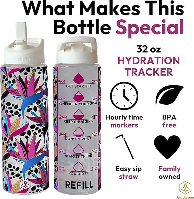 Biddlebee 32oz. Hydration Tracker Water Bottles with Times To Drink | Big Motivational Water Bottle with Time Marker, Straw Lid, & Measurements | BPA-Free