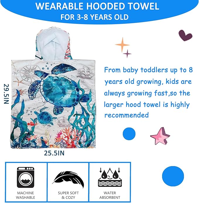 Turtle Kids Bath Beach Towels with Hood for Toddlers Premium Microfiber Quick-Dry Kids Hooded Towel for Shower/Beach/Swim Bathrobe