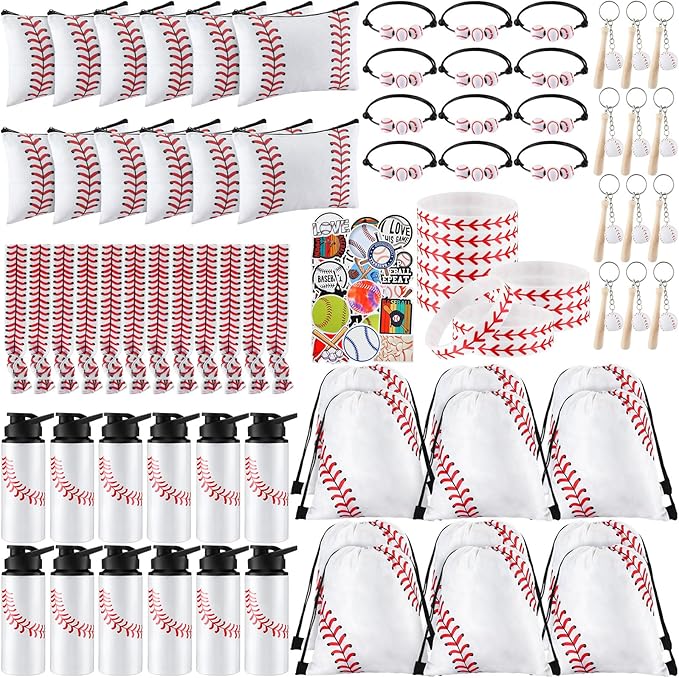 Layhit 134 Pcs Party Favors Set Include Cosmetic Bag Drawstring Backpack Hair Ties Charm Bracelets Silicon Bracelets Water Bottles Keychains Stickers for Sport Team Gifts (White,Baseball)