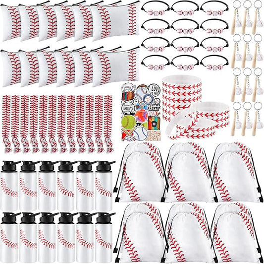 Layhit 134 Pcs Party Favors Set Include Cosmetic Bag Drawstring Backpack Hair Ties Charm Bracelets Silicon Bracelets Water Bottles Keychains Stickers for Sport Team Gifts (White,Baseball)