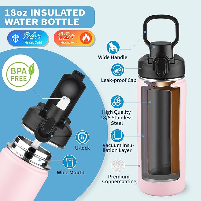 Insulated water bottle with Straw,18oz Stainless Steel Water Bottle for Adult Kids,Double Wall Vacuum Wide Mouth Insulated Water Bottle for School,BPA-free and Leak-proof（18oz,Pink）