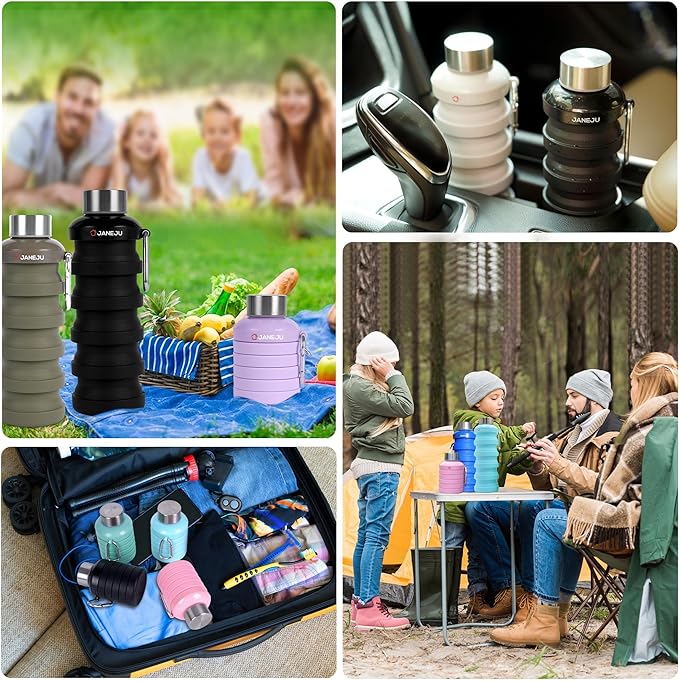 JaneJu Collapsible Water Bottle, 17oz BPA Free Silicone Reusable Portable Lightweight Foldable Water Bottles with Carabiner, Portable Leak Proof Sports Water Bottle (Navi Blue)