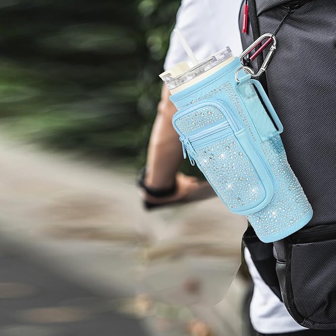 Bling Water Bottle Carrier Bag with Phone Pocket,Water Bottle Holder Bag for Stanley Cup Accessories,Cup Holder with Adjustable Shoulder Strap with Stanley 40 & 30 oz Tumbler,Blue