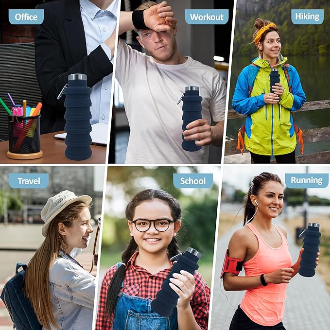 Collapsible Water Bottles 12oz, Odorless BPA-Free Silicone, Leak-Proof Foldable Reusable Bottle - Perfect for Travel Sports Gym Hiking Camping Cycling - Dark Gray