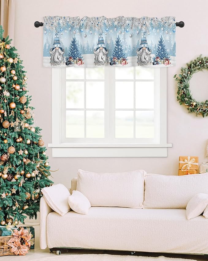 Christmas Gnome Valance Curtains for Kitchen Windows Winter Merry Christmas Tree Balls Rod Pocket Window Treatment Toppers for Kitchen/Living Room/Bedroom/Bathroom, 42" X 12", Blue