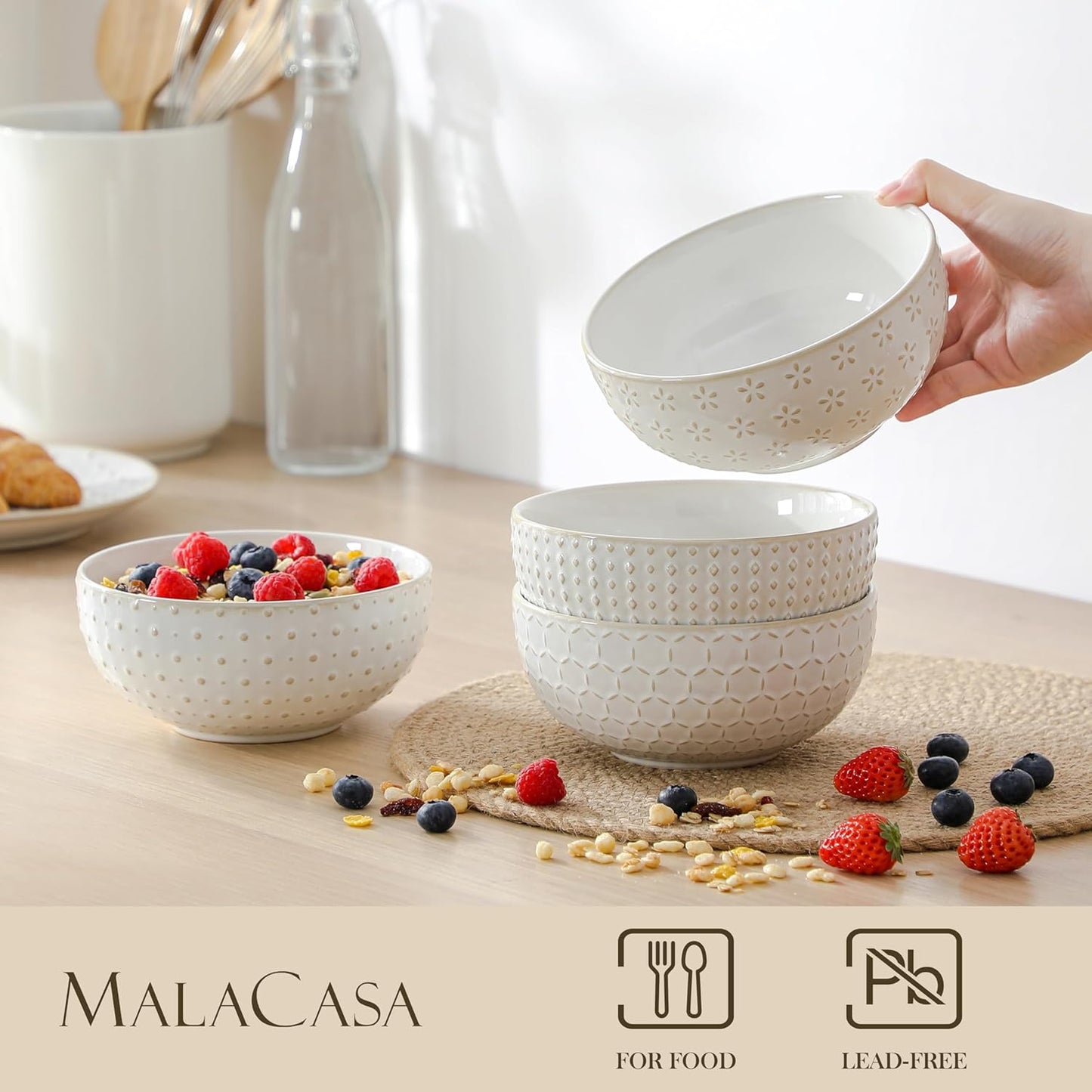 MALACASA Cereal Bowls, 30 Ounce Ceramic Soup Bowl for Kitchen, Stoneware Bowls Set of 4 with Embossment for Pho, Chip, Fruits, Salad, Noodle, Ramen - 6 Inch, Arctic White Series LYDIA