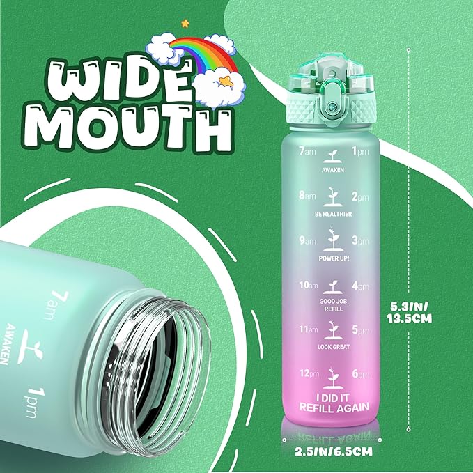 OLDLEY Kids Water Bottle for School, 17 oz (2 lids) BPA-Free Reusable Leak-proof Durable Tritan Plastic Water Bottles with Straw & Chug Lids, Anti-dust Spout Cover (Green Purple)