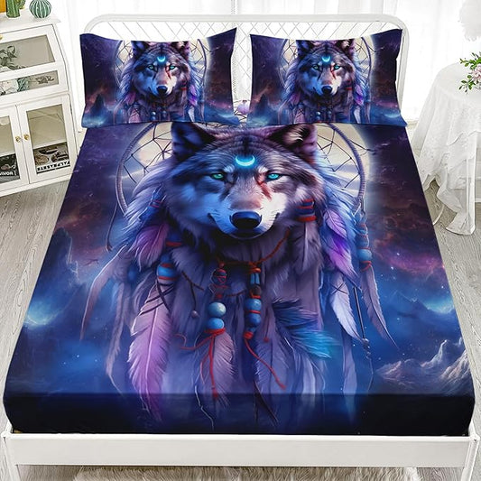AILONEN Wolf Dream Catcher Fitted Sheet Set Twin XL Evening Purple Galaxy Starry Moon Wolf Bed Sheet with 2 Pillowcases,3 Pieces Wolf Print Boys Girls TwinXL Fitted Sheet Set