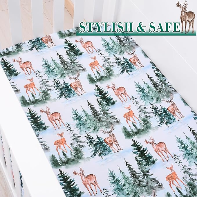 JISEN Fitted Crib Sheets 1 Piece Soft Breathable Baby Crib Sheets for Standard Crib and Toddler Mattress Baby Bed Sheets for Crib for Baby Boys Girls Neutral 28x52 Inch Woodland Animals