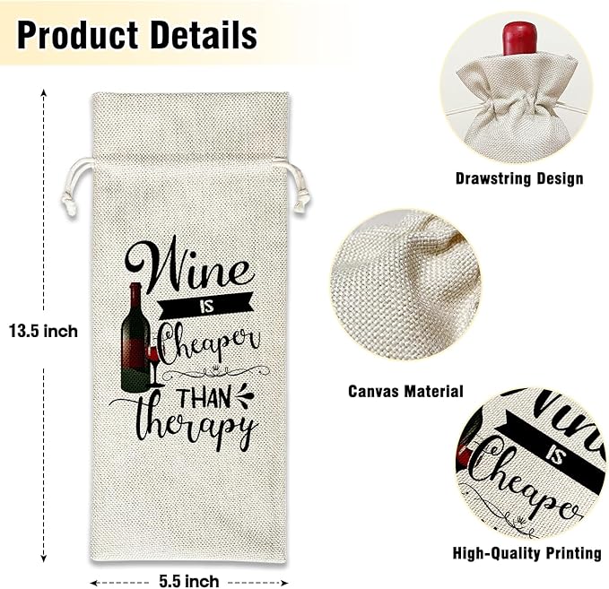 Wine is Cheaper Than Therapy - Wine Canvas Bag, Wine Lover Gift Funny Wine Gift Bag, Birthday Gifts for Women Men, Wine Bags for Wine Bottles, Wine Gifts With Drawstring Holiday Party Decoration -WB22