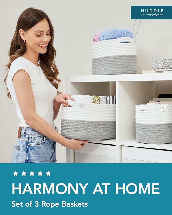 Washable Woven Storage Baskets for Organizing - 3-Pack Cotton Rope Basket with Handles - Decorative Storage Bins, Storage Baskets for Shelves, Nursery Storage Bins, Cube Baskets - White & Grey