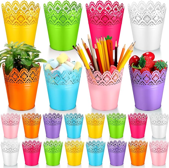 Therwen 24 Pieces Small Metal Buckets with Handle Colored Galvanized Bucket Round Metal Pail for Kids Classroom Candy Crafts,Utensils, Vase Party Favor(4.13 Inch,Hollow Lace)