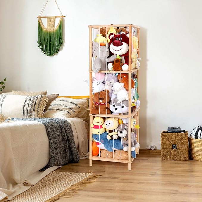 ACEPRUT Wood Stuffed Animal Storage Holder, Space Save Three Tier Vertical Large Stuffed Animal Zoo Organizer for Playroom Bedroom, Toy Storage Birthday Gifts for Kids