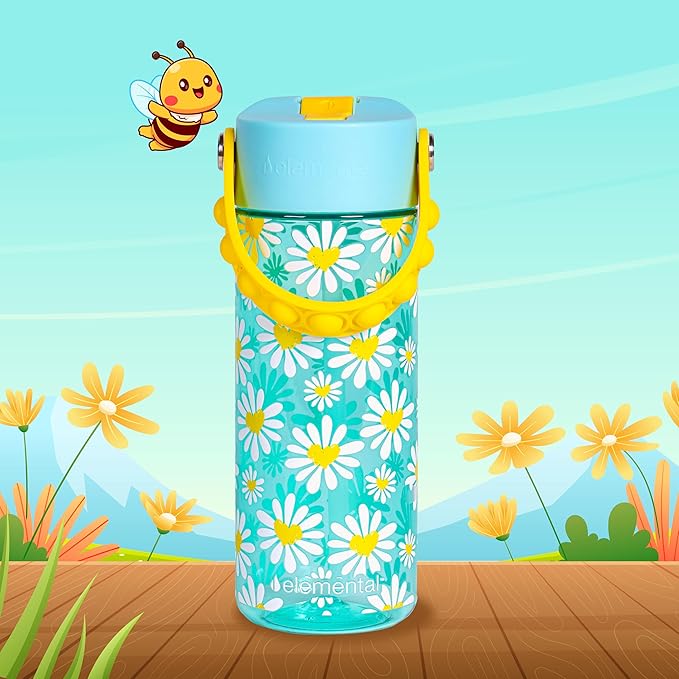 Elemental Leak Proof Water Bottles for Kids - Splash Kids Water Bottle for School with Fun Fidget Pop-it Handle - BPA Free Tritan Plastic Reusable Water Bottle with Straw - Daisy Heart - 18oz