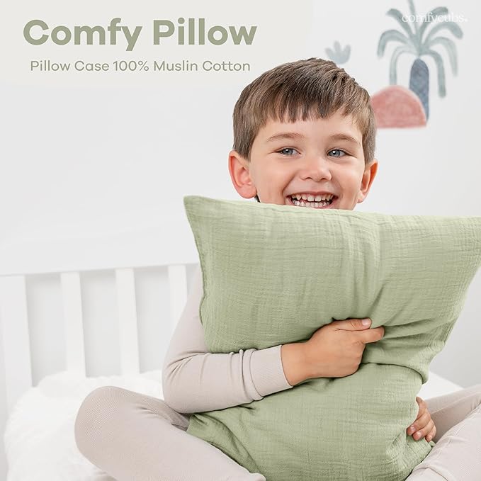 Comfy Cubs Toddler Pillow with Soft Muslin Pillowcase, 13"x18", Sage (2 Pack) - Kids Pillow for Sleeping & Travel - Comfortable Small Pillow - Kids Travel Pillow with Breathable Microfiber Fill