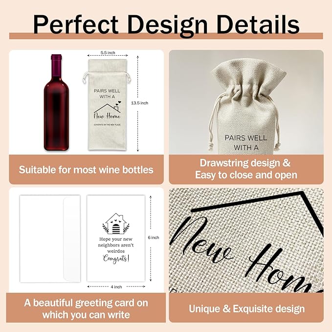Housewarming Wine Gift Bags & Card, First New Home House Gifts for Women Men Wife Husband Friend Home Owner, 1 pcs Reusable Burlap Wine Gift Bags for Wine Bottles, Housewarming Party Decor Favor -34