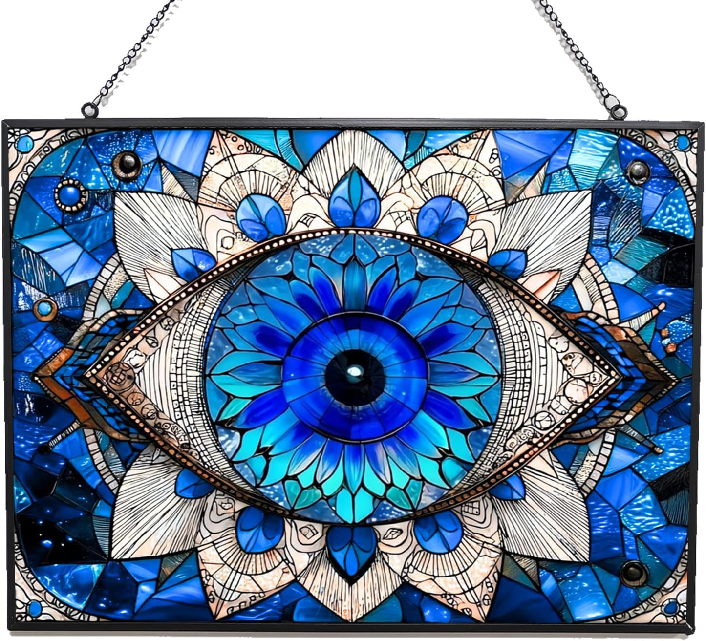 Rectangle Evil Eye Suncatchers for Windows, Stained Glass Window Hangings,Hand-Painted Glass Panel Perfect for Home Décor