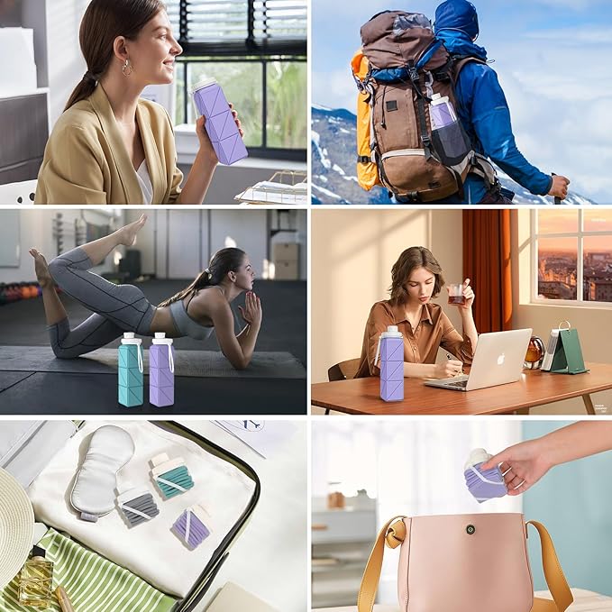 Collapsible Water Bottles 20.7oz Leakproof with Straw Lid Food-Grade BPA-Free Silicone Travel Foldable Water Bottles for Sports Office Gym Hiking Driving 610ML (Light Purple+Army Green)