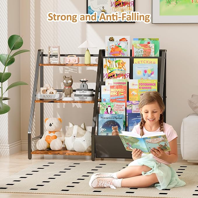 Kids Bookshelf and Toy Organizer, Book Shelf for Kids Rooms,2 in 1 Nursery Book Shelves, Toddler Bookshelf Montessori Bookshelf and Kids Book Shelf (Black)