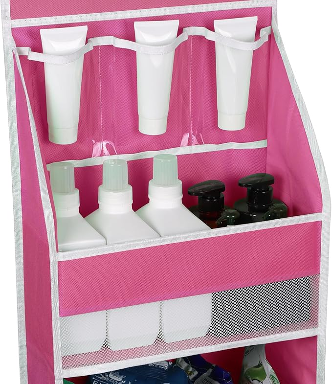 Univivi Door Hanging Organizer Nursery Over the Door Organizer Baby Storage with 5 Large Pockets and 3 Small PVC Pockets for Cosmetics, Toys and Sundries (Pink)