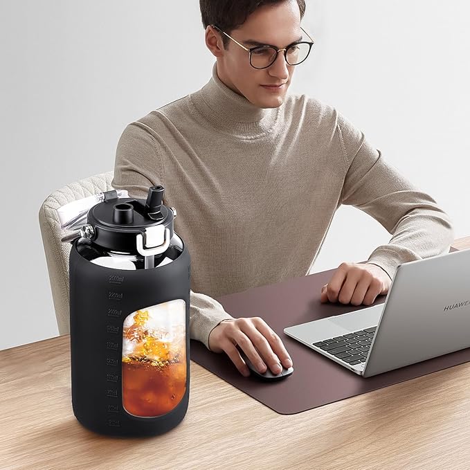 84oz Glass Water Bottle with Stainless Steel Handle,2.5L Gallon Water Bottle With 2-IN-1 Straw Lid, Silicone Sleeve and Motivational Capacity Marker, Wide Mouth Water Jug For Gym, Workout, Black