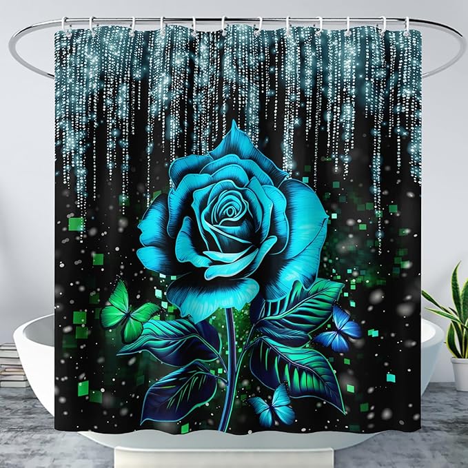 AILONEN Blue Rose Shower Curtain for Bathroom, Glitter Starry Flower Print Bath Curtain,Blue and Black Waterproof Floral Butterfly Shower Curtain Decoration with 12 Plastic Hooks, 36" W*72" H