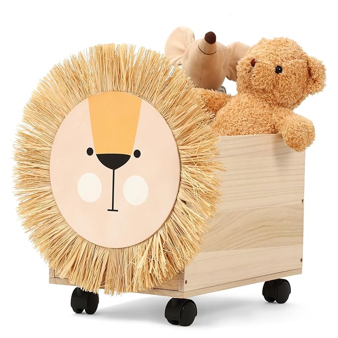 Kids Toy Box Storage Wooden Toy Chest Toy Organizers for Boys Girls Toy Box with Wheels 16x 10 x 10 Inch Lion Toy Storage Organizer Nursery Decor for Bedroom Living Room Easy Assembly