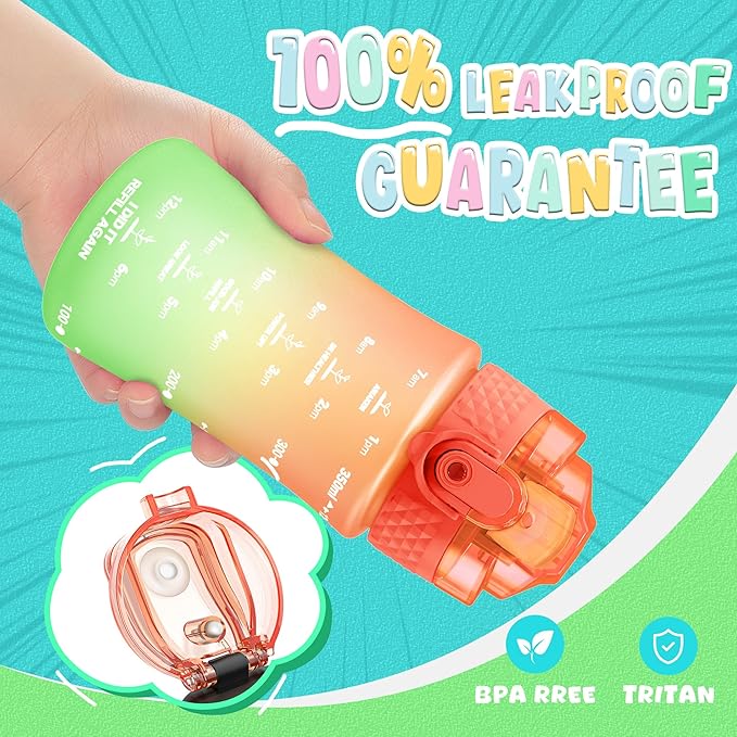 OLDLEY Kids Water Bottle for School, 12 oz (2 lids) BPA-Free Reusable Leak-proof Durable Tritan Plastic Water Bottles with Straw & Chug Lids, Anti-dust Spout Cover (Sweet Orange)