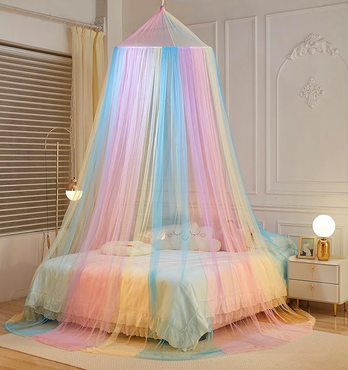 Mengersi Bed Canopy with Lights,Princess Bed Canopy Canopy Bed Curtains for Girls Room,Mosquito Netting Canopy Reading Corners Room Decor for Girls (Rainbow)
