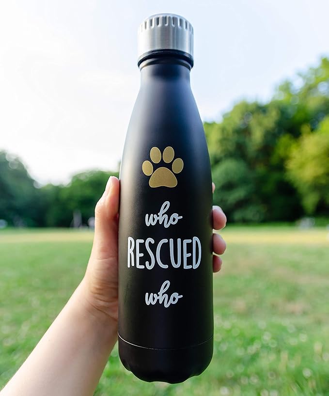 Pearhead Pet Who Rescued Who Double-Walled Stainless Steel Water Bottle, Workout Accessories, Pet Adoption Gifts, 16oz