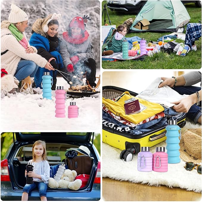 JaneJu Collapsible Water Bottle, 17oz BPA Free Silicone Reusable Portable Lightweight Foldable Water Bottles with Carabiner, Portable Leak Proof Sports Water Bottle (blue&pink)