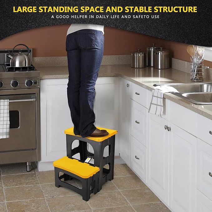 Folding 2-Step Stool, Non-Slip Portable Footstool 8" & 17" Dual Heights, Holds 300 lbs, Portable Footstool for Kitchen Home Toilet Bedroom Office Bathroom RV(Yellow)